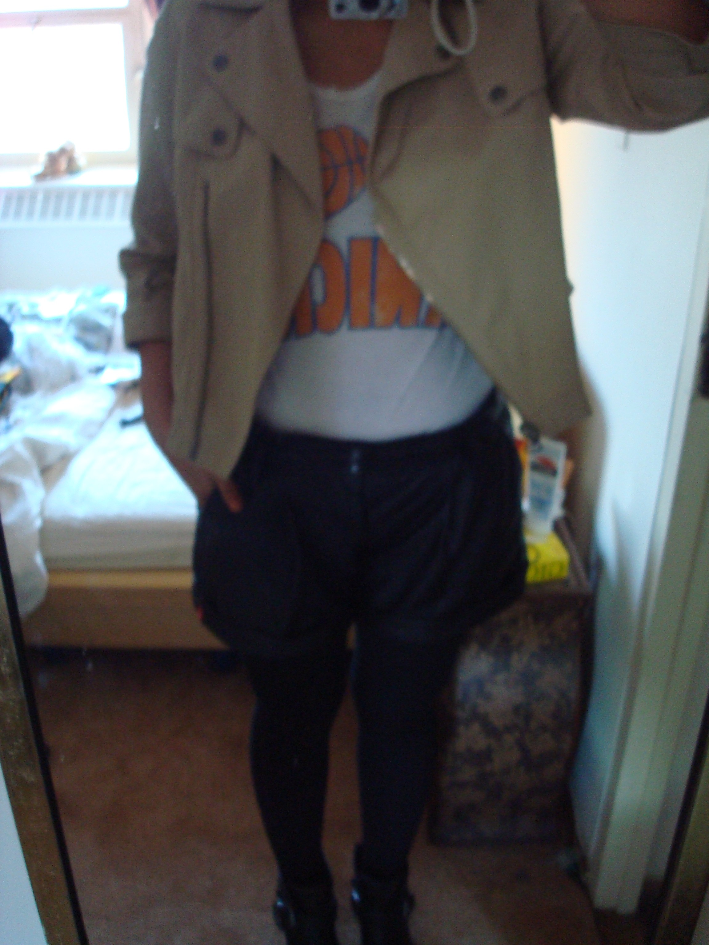 i heart knicks tee-urban outfitters; moto jacket-gap (thrifted @ buffalo exchange); leather shorts-espirit clearance, boots-urban outfitters